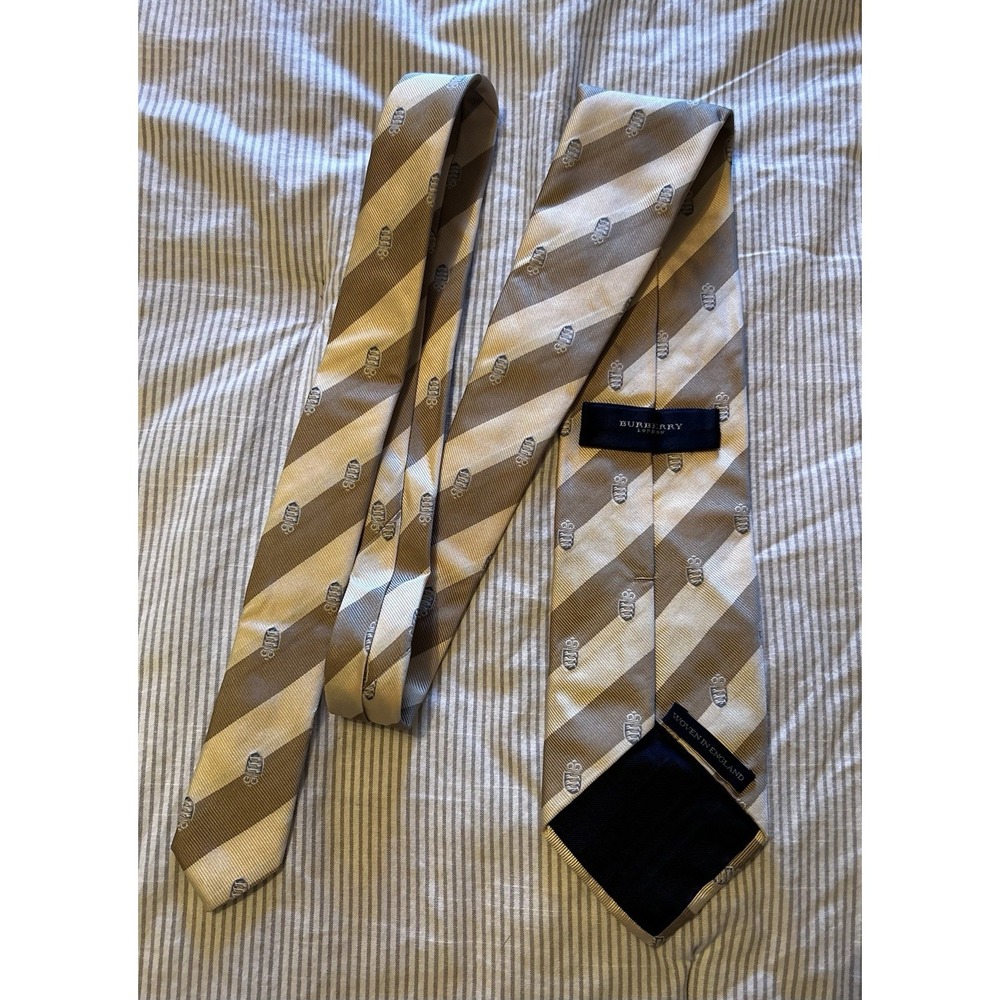 Burberry London Silk Tie Woven In England Striped‎ Crest Beige Work Dress - Picture 5 of 9